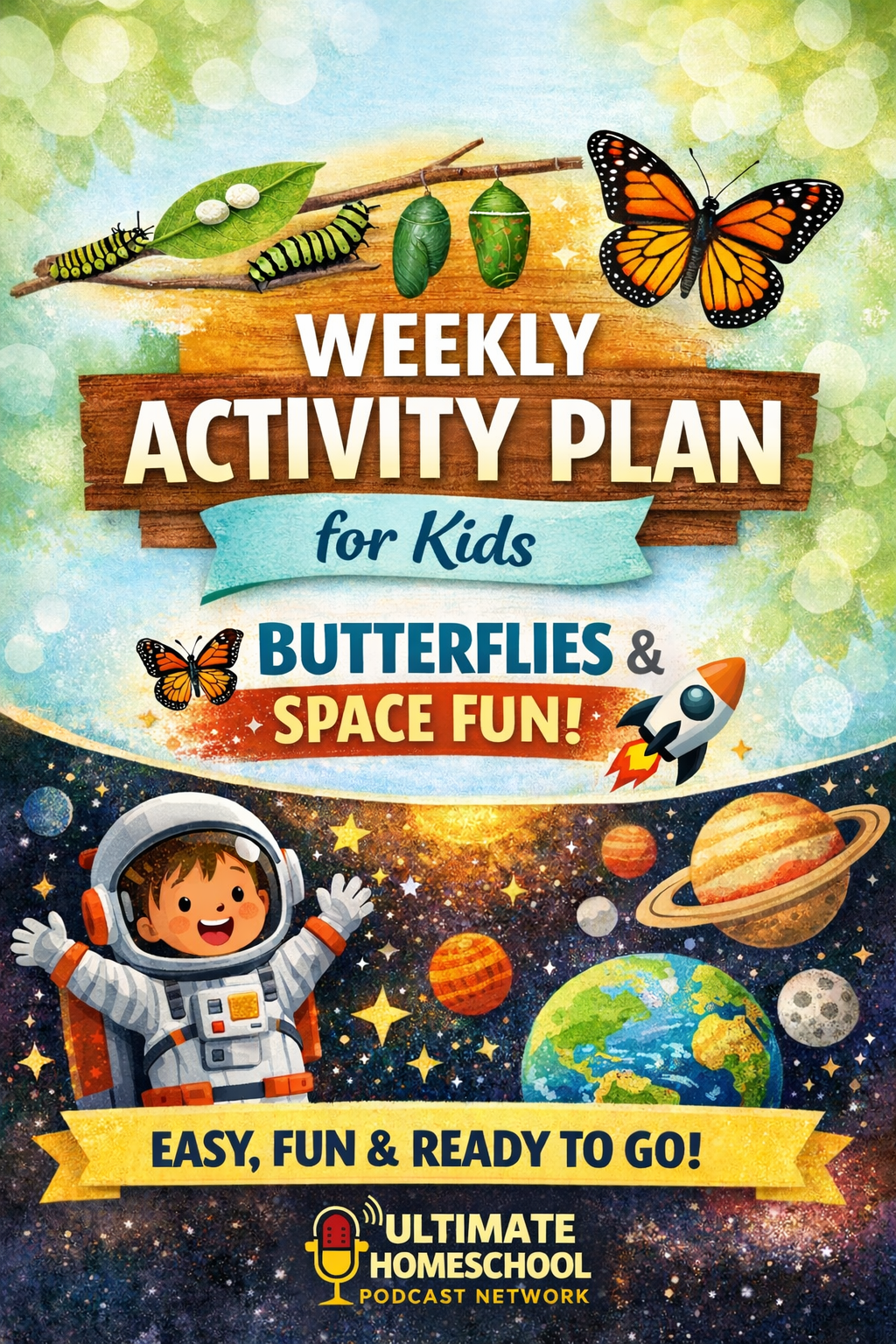 Need easy weekly child activities? This simple plan includes butterfly life cycle activities and space themed learning ideas your kids will love! Perfect for preschool, kindergarten, and homeschool families.